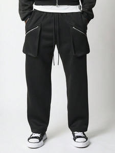 Pantalon cargo en molleton noir avec logo personnalisé pour hommes, pantalon lavé, jambe large, poche zippée, cordon de serrage, taille, coupe décontractée, streetwear - Product Image 4