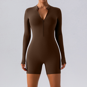 โลโก้ที่กําหนดเอง One Piece กางเกงขาสั้นโยคะชุดจั๊มสูทครึ่งซิปแขนยาวสวมใส่กีฬาเซ็กซี่แน่นเสื้อผ้าโยคะจัมเปอร์สําหรับผู้หญิง - Product Image 5