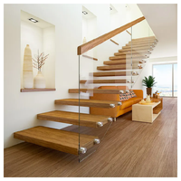 Escalier flottant à LED avec marches en bois massif et garde-corps en verre, design moderne pour appartement et cuisine, usine de Foshan