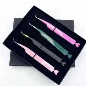 Ensemble de pinces à extensions de cils en acier inoxydable à étiquette privée en boîte personnalisée, pointe en fibre, volume, inclinée, pointue, longueur 10 mm, pointe lisse - Product Image 1