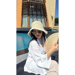 Beige Pearl Detailed Knitted Pattern Wide Brim Hand-Knitted Summer Straw <b>Hat</b> HSR2093 - bej2093 - Product Image 4