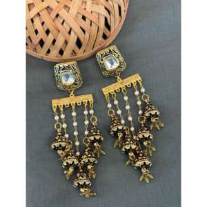Boucles d'oreilles Jhumka multicouches oxydées Boho avec chaînes de perles et clous miroir Bijoux pendants indiens en or antique pour femmes - Product Image 1