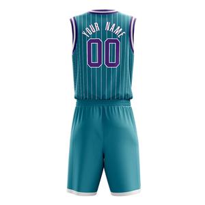 À la mode personnalisé bleu rayé hommes basket uniforme impression personnalisée col en V sans manches Polyester basket-ball uniformes pour hommes porter - Product Image 4