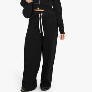 Pantalones de chándal de pierna recta de punto de contraste negros personalizados de gran tamaño para mujer - Product Image 1
