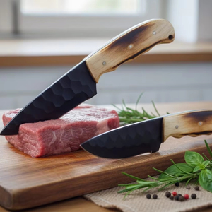 Couteau de chef de cuisine à lame fixe en acier au carbone forgé à la main, manche en bois, étui en cuir, ensemble de quatre pièces, ambidextre - Product Image 4