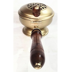 Quemador de incienso de hierro metálico con mango de madera, soporte de incienso con acabado dorado, quemador de aceite esencial con fragancia de aire para relajación de meditación - Product Image 5