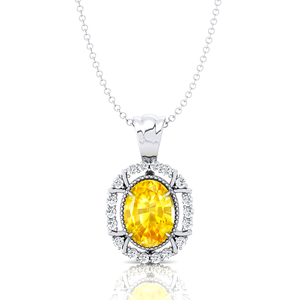 Collier à pendentif de style Halo en forme de saphir jaune naturel de forme ovale orné de vrais diamants en or massif 18 carats - Product Image 3