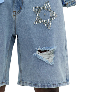 <b>Mens</b> Light Blue Denim <b>Shorts</b> Vintage Washed Rhinestone Star Distressed Casual Summer <b>Knee</b> <b>Length</b> Streetwear Fashion Custom OEM - Product Image 5