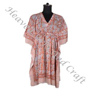 Factory Price Wholesale Indian Handmade Block Printed Summer Wear <b>Women</b> Short <b>Kaftan</b> Bathrobe Western Dress Textile Fabric - Product Image 1