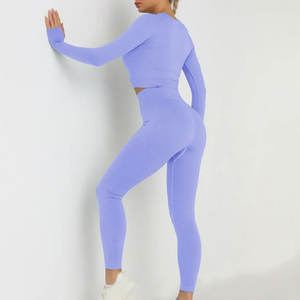 Ensemble de yoga 2 pièces en tissu spandex à manches longues et taille haute, design uni, ensemble de yoga en spandex 2 pièces - Product Image 2