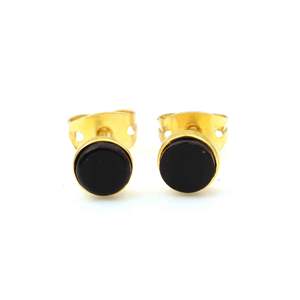 Handmade Women's Sterling Silver Gemstone Stud <b>Earrings</b> Gold Plated Natural Black <b>Onyx</b> Cute Style Bezel Setting Party Gift - Product Image 3