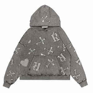 Sweat à capuche pour homme en coton 100% avec impression numérique, doublure polaire unie, coupe ample, broderie appliquée effet vieilli, idéal pour l'hiver - Product Image 4