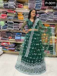 Indian Pakistani Style Designer Heavy Wedding Festival Functions <b>Lehenga</b> Choli Chain Design Work in Net Material - Product Image 2