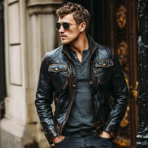 Blouson en cuir de moto pour homme, col montant, en peau de mouton, mode hiver décontractée, poche poitrine, haute qualité, écologique - Product Image 1