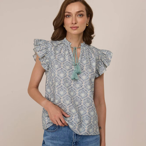 Haute Qualité Élégant Serein Blouse Calmant Floral Bleu Imprimé Raffiné Toucher Doux Gracieux Cap Manches Cou Cravates Uni Teint - Product Image 1