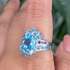 Bague de mariage de luxe style classique en argent sterling 925 pur, topaze bleue et améthyste, plaqué rhodium, finition polie, best-seller - Product Image 4