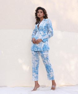 Printed Floral Casual Women's <b>Blazer</b> and Pants <b>Set</b> in Blue Cotton with Quick Dry Feature - Product Image 1