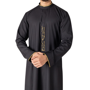 Thobe noir de luxe pour hommes, broderie dorée, Jubba saoudienne, vêtements islamiques, robe arabe pour hommes, Kandura Dishdasha - Product Image 3