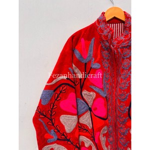 <b>Women's</b> Unisex <b>Velvet</b> Knitted Floral Embroidery Quilted <b>Jacket</b> Two Side Pockets Quick Dry Cotton Lining Regular Length for - Product Image 3