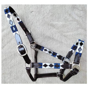 Halters de polo de cheval en cuir marron avec fabricants de conception de tressage de fil violet et marron - Product Image 2