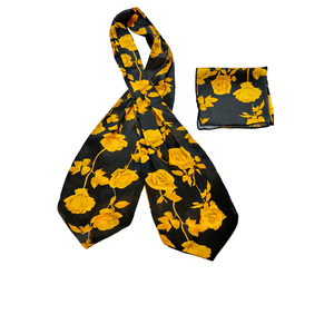 Conjunto de Accesorios Masculinos de Satén Suave Negro: Pañuelo, Chal, Cravat, Ascot y Pañuelo de Bolsillo con Estampado de Rosas Doradas, Colección de Corbatas de Moño - Product Image 3