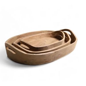 Juego de 3 bandejas ovaladas de madera hechas a mano con asa, tamaño personalizado, vajilla para café, logotipo grabado con láser, embalaje personalizado para - Product Image 4