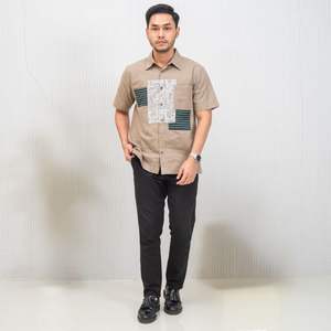 Best Quality Indonesia Handmade Mocha Short Sleeve <b>Shirt</b> for Summer Features Abstract Contrast <b>Patchwork</b> Asymmetric Pocket - Product Image 4