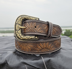 Cinturón occidental de piel de vaca de estilo vintage con diseño floral de girasol y hebilla de aleación de oro antiguo - Product Image 1