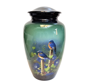 Urne unique sur le thème des oiseaux bleus pour les amoureux des oiseaux bleus, magnifique paire d'oiseaux bleus, mâle et femelle adultes, grande taille, cendres, hommes, crémation - Product Image 6
