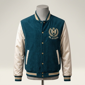 Veste bomber en velours côtelé bleu turquoise pour homme, manches en cuir crème, broderie personnalisée, OEM ODM, vente en gros - Product Image 1