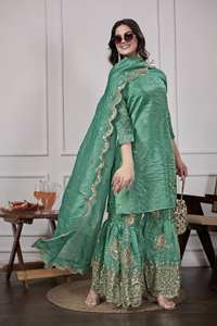 Designer Traditional Ethnic 3-Piece Set Readymade Stitched Sharara Gharara Georgette <b>Fabric</b> <b>Indian</b> Embroidery Work Reversible - Product Image 2