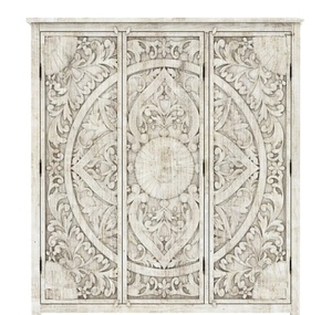 Armario de 3 puertas de madera de teca maciza moderno hecho a mano, estantes de Mandala tallados encalados, cajones, apartamento, dormitorio, uso en Hotel - Product Image 1