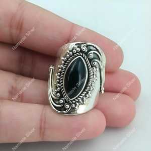 Handmade 925 Sterling Silver Boho <b>Ring</b> Black Onyx Marquise Inlay 18K Plating <b>Statement</b> Gift for Her Black Onyx Silver <b>Ring</b> - Product Image 1