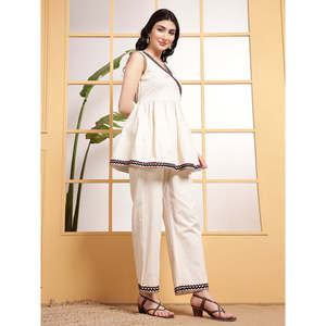 Deebaco Women's Off-<b>White</b> Cotton <b>2</b>-<b>Piece</b> Co-Ord <b>Set</b> With Embroidery V-Neck Top And Ankle Length Trouser Casual Wear Outfit - Product Image 6