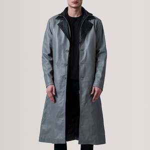 Manteau long à simple boutonnage pour homme Charlton, en tissu de laine, avec capuche, décorations boutonnées, style trench imprimé, aspect cuir gris - Product Image 5