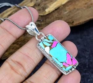 Venta al por mayor JESSICA CREATION Colgante de Plata de Ley 925 con Dalia y Turquesa, Engaste de Bisel, Bañado en Oro y Rodio, Joyería Fina de Moda - Product Image 2