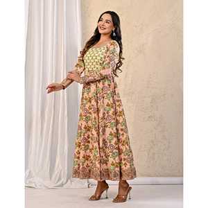 Vestido Anarkali de Algodón Estampado Peach Jaal, Elegante, con Cuello Cuadrado, Estilo Imperio, 100% Algodón, para Bodas y Fiestas, Talla 5XL, Largo hasta el Suelo/Hasta la Rodilla - Product Image 4