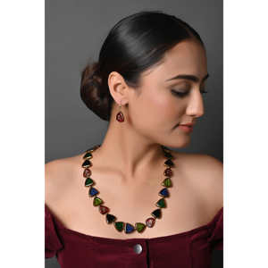 ชุดสร้อยคอและต่างหูทรงสามเหลี่ยมหลากสีชุบทอง24K เครื่องประดับที่ดีพร้อมหินหลักเพทายสำหรับเป็นของขวัญ - Product Image 4