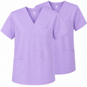 Women's <b>Purple</b> V-Neck <b>Scrub</b> Top Short Sleeve Cotton Polyester Blend Woven Breathable Multi Pocket Medical Hospital Nursing Work - Product Image 1
