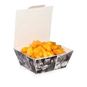 Caja de papel desechable personalizada para pescado y patatas fritas Caja de embalaje de pescado y patatas fritas impresa Caja de comida rápida para llevar pollo frito embalado