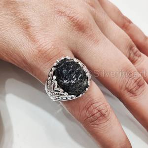 Bague en argent sterling 925 pour homme, avec pierre précieuse naturelle brute de tourmaline noire, pierre de naissance d'octobre, bijoux arabes raffinés, vente en gros - Product Image 5