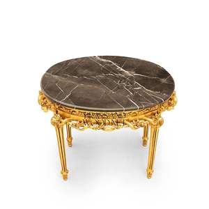 โต๊ะข้างทรงกลมหรูหราสไตล์ราชวงศ์ พร้อมท็อปหินอ่อนสีดำพรีเมียม และโครงไม้แกะสลักลายทองคำประณีต ตกแต่งสไตล์พระราชวัง - Product Image 1