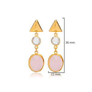 Rosa humo cuarzo forma ovalada piedra triángulo liso 22K oro bisel 925 plata esterlina Stud pendientes - Product Image 2