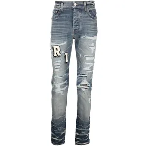 Manufacture Ripped Stretch Men's Embellished Letter Denim Pant Slim Fit Men's Whiskers Distressed Jeans