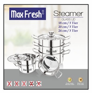Maxfresh Vapeur en acier inoxydable à 3 niveaux Matériau métallique durable pour bureau à domicile avec couvercle en verre facile à nettoyer pour la cuisson à la vapeur - Product Image 2
