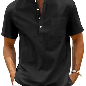 Chemise Henley en lin pour homme, col uni, manches courtes, fermeture pour le quotidien, les occasions professionnelles, les occasions formelles d'été, haut décontracté en taille XL - Product Image 5
