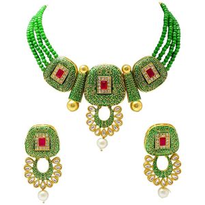 Green Vintage Bridal <b>Necklace</b> <b>Set</b> with Zircon <b>Pearl</b> Diamond 18K Gold Plated for Wedding or Gift - Product Image 2