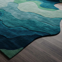 Tapis en laine au design artistique moderne fait à la main, vert bleu, abstrait, tapis tufté par des artisans indiens pour la maison et le pique-nique