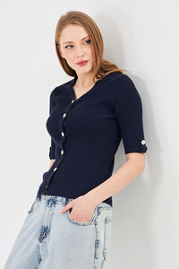 Cárdigan Elegante de Manga Corta para Mujer, Cómodo, Transpirable, de Punto Acanalado, Corte Ajustado, con Botones, Top de Punto para Verano, Estilo Moderno para Damas - Product Image 3