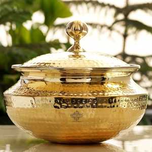 Olla de latón puro con revestimiento de estaño para sopa y caldos, utensilio de cocina y vajilla, con tapa, de Indian Art Villa. - Product Image 1